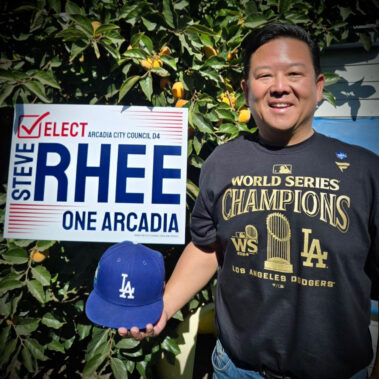 Steve wearing a Dodger's World Series Champion shirt.