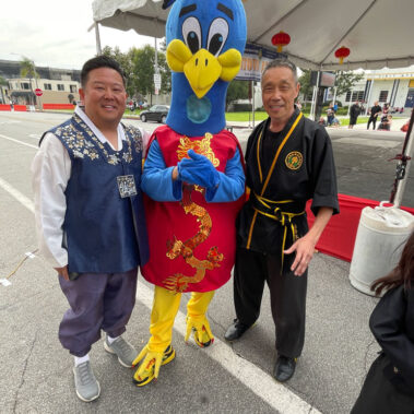 Steve Rhee with Purdy the Peacock and Fenton Fong.
