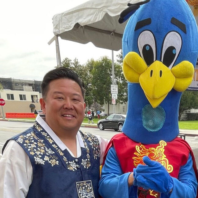 Steve Rhee with Downtown Arcadia Mascot Purdy.