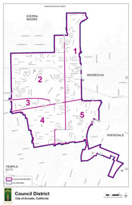 Map of all the Districts including District 5 area of the City of Arcadia.