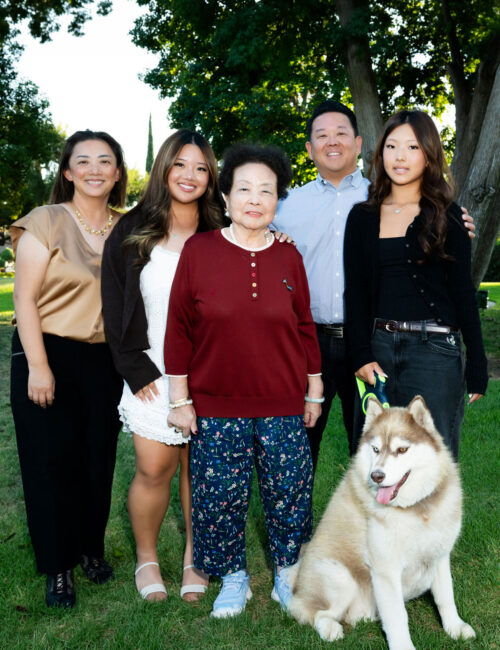 Steve Rhee's family, wife, two daughters, his mom, and dog.