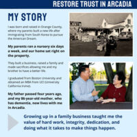 Elect Steve Rhee to Arcadia City Council Flyer Steve Rhee as a child with parent and a picture with his mom.