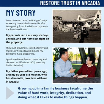 Elect Steve Rhee to Arcadia City Council Flyer Steve Rhee as a child with parent and a picture with his mom.
