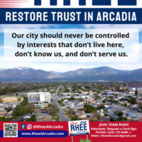 Elect Steve Rhee to Arcadia City Council Flyer with aerial view of the City of Arcadia.