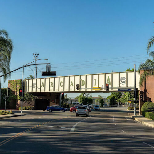 Metro rail bridge on Huntington Drive with Arcadia painted on it.