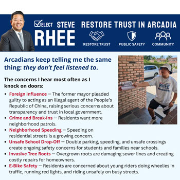 Elect Steve Rhee to Arcadia City Council flyer talking about residents not being listened too.